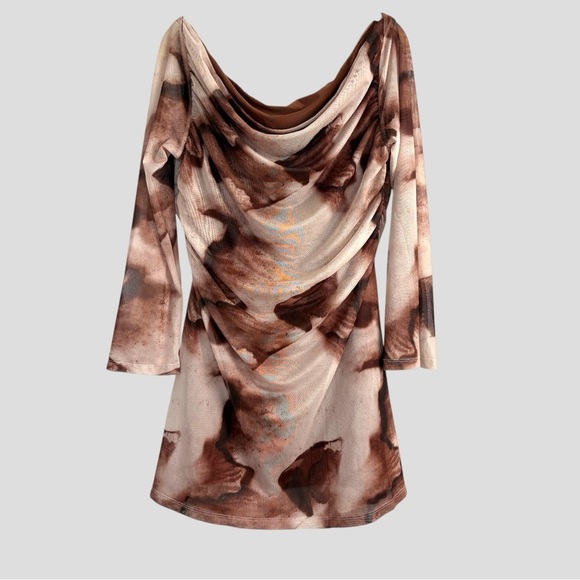 SHEINE Dresses & Skirts - SHEIN BAE Mini Mesh Dress Sheer Cowl Neck Curve 2XL Mocha Cream Y2K Grunge Fairy